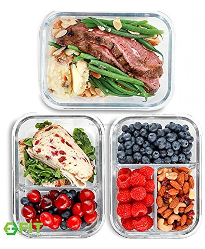 1 & 2 & 3 Compartment Glass Meal Prep Containers 3 Pack 35 oz Glass Food Storage Containers with Lids Glass Lunch Box Glass Bento Box Lunch Containers Portion Control Airtight