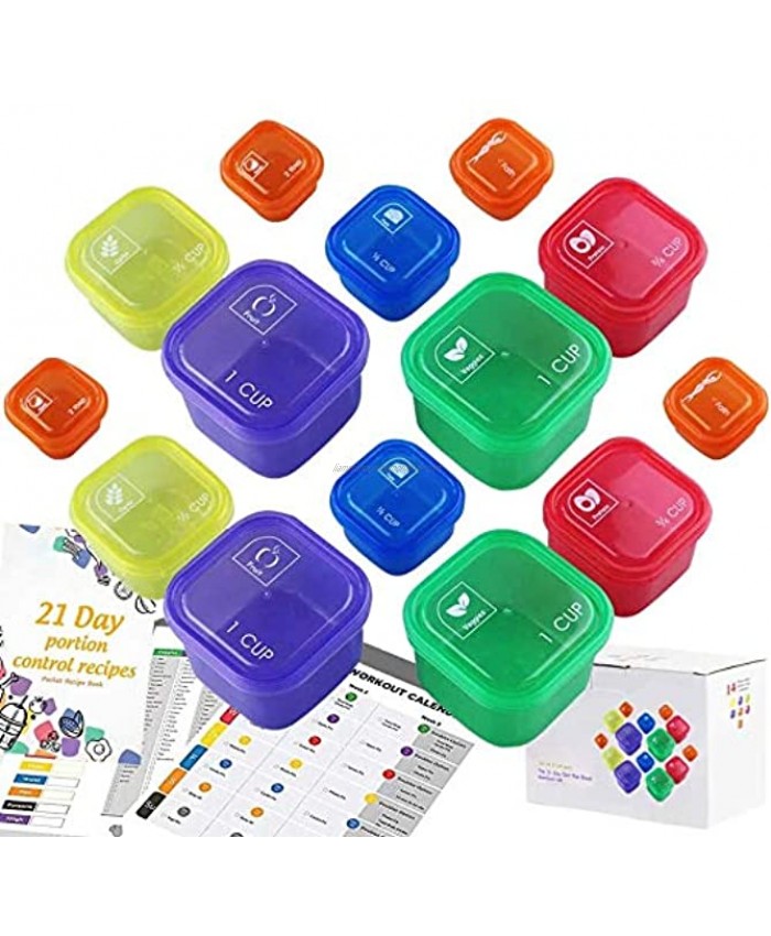 21 Day Portion Control Container and Food Plan Double Set 14-Pieces Portion Control Container Kit for Weight Loss 21 Day Tally Chart with e-Book