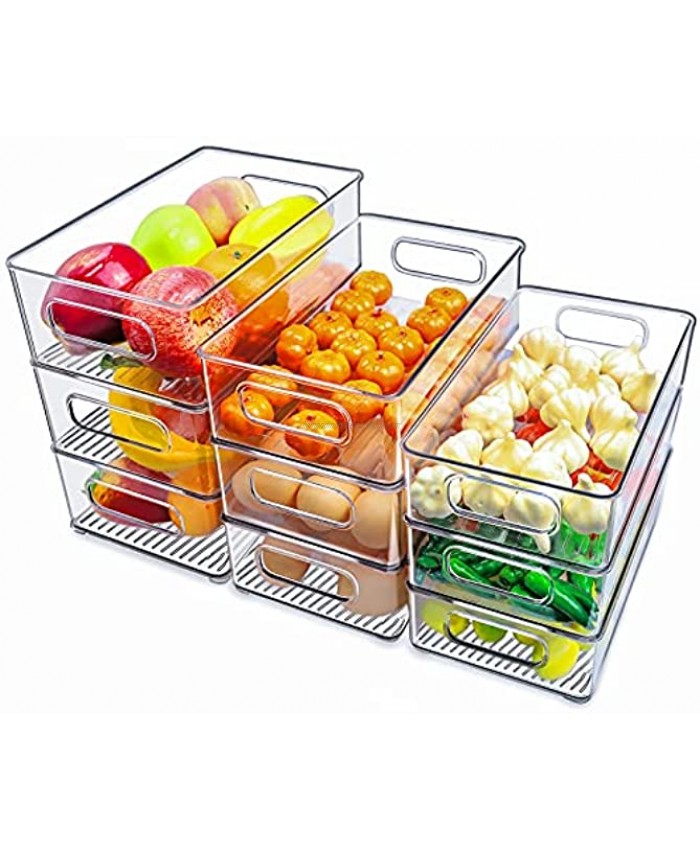 3 Sizes Pack of 9 Stackable Clear Food Storage Bins for Refrigerator Kitchen Countertop Pantry Organizer Plastic Storage Bins with Handles for Spice Snacks- Not Safe in Dishwasher