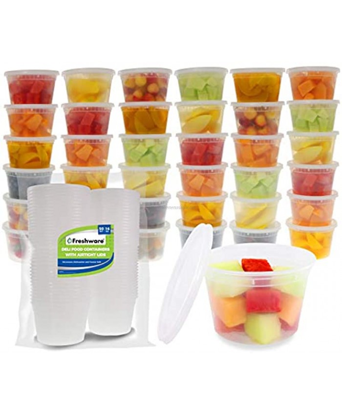Freshware Food Storage Containers [50 Set] 16 oz Plastic Deli Containers with Lids Slime Soup Meal Prep Containers | BPA Free | Stackable | Leakproof | Microwave Dishwasher Freezer Safe