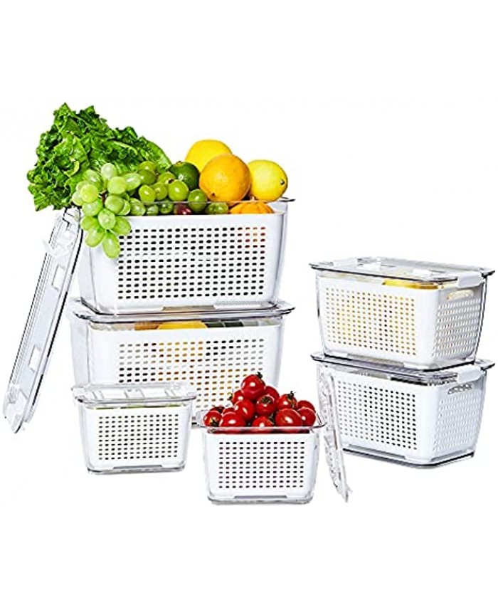HIEEY 6-Piece Fruit Storage Containers for Fridge with Strainer,Produce Containers for Fridge,Lettuce Keeper,White Not Dishwasher Safe | BPA-Free