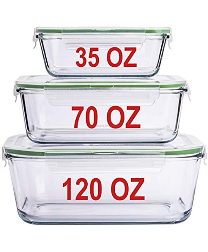 LARGE Glass Containers for Food Storage with Lids Container Baking Dish Set Glass Storage Containers with Locking Lid Set 3 120 OZ 70 OZ 35 OZ Large Glass Meal Storing Serving Food Leakproof Ovensafe