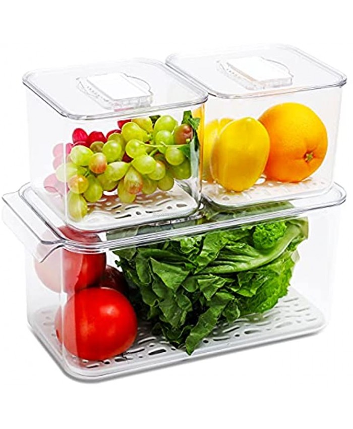 REFSAVER Fridge Storage Containers Produce Saver Stackable Refrigerator Organizer Bins with Removable Drain Tray Fridge Organizer for Fruits and Vegetables 3 Pack