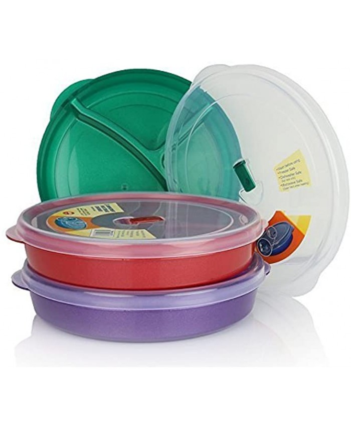 Set of 3 Chef's 1st Choice Microwave Food Storage Tray Containers 3 Section Compartment Divided Plates w  Vented Lid