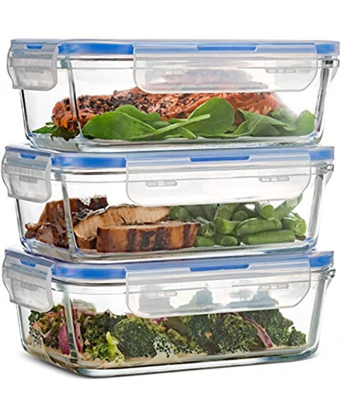 Superior Glass Meal-Prep Containers 3-pack 28oz BPA-free Airtight Food-Storage Containers with 100% Leakproof Locking Lids Freezer to Oven Safe Great On-The-Go Portion-Control Lunch Containers