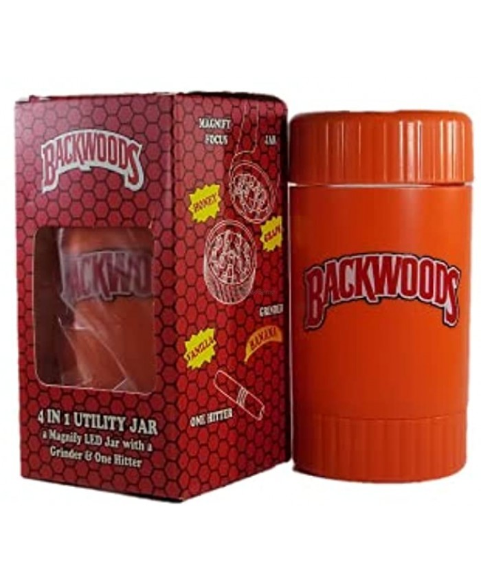 Backwoods Mag Jar with Grinder Airtight Storage Stash Container LED Light Magnifying Viewing Jar Herb Container Assorted Sticker Included. ORANGE