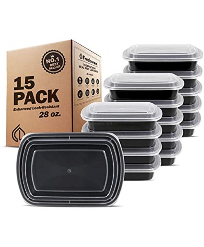 Freshware Meal Prep Containers [15 Pack] 1 Compartment Food Storage Containers with Lids Bento Box BPA Free Stackable Microwave Dishwasher Freezer Safe 28 oz