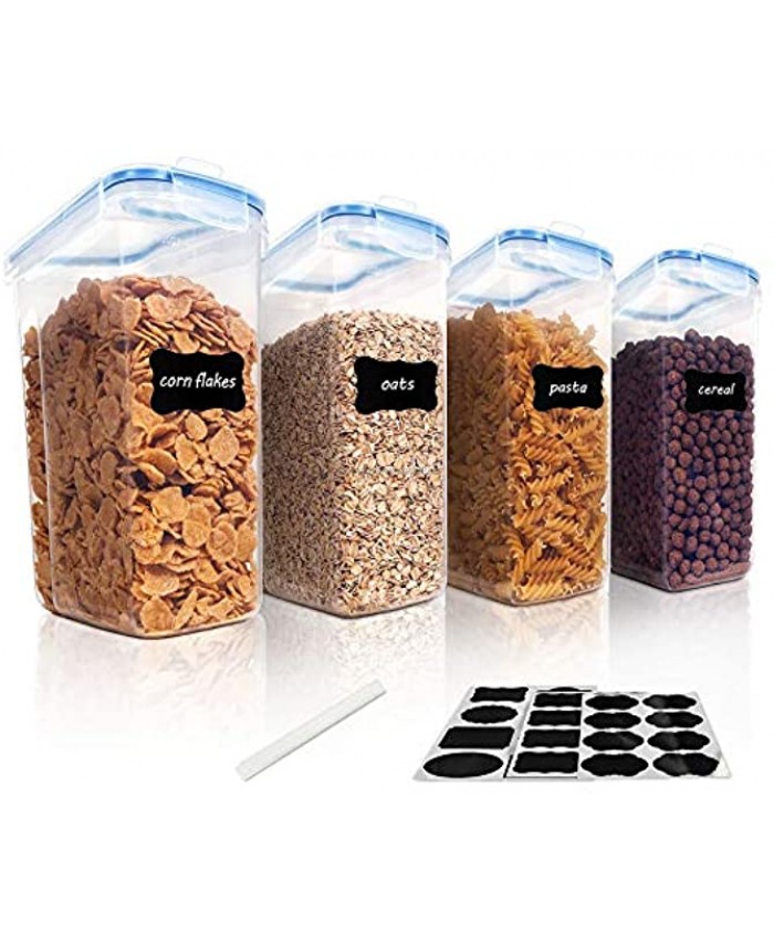 Vtopmart Cereal Storage Container Set BPA Free Plastic Airtight Food Storage Containers 135.2 fl oz for Cereal Snacks and Sugar 4 Piece Set Cereal Dispensers with 24 Chalkboard Labels Blue