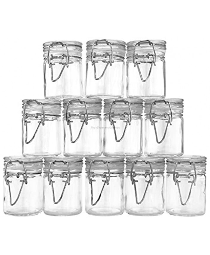 1.6-Ounce Herb Storage Mini Stash Jars w Clamp Style Rubber Gasket Seal 12-Pack; 50ml Airtight Odor-Proof Vials w Hermes Clamp Top Hinge Lid Retro Style Canisters & Spice Containers