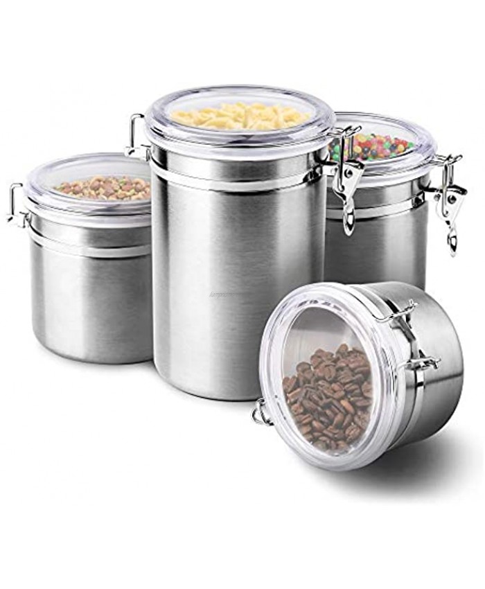4-Piece Stainless Steel Airtight Canister Set ENLOY Food Storage Container for Kitchen Counter Tea Sugar Coffee Caddy Flour Canister with Clear Acrylic Lid n' Locking Clamp Up to 65 oz