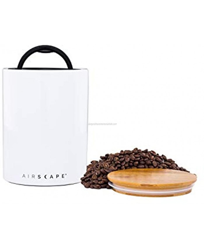Airscape Ceramic Coffee and Food Storage Canister Patented Airtight Inner Lid with Two Way Valve Preserves Food Freshness Glazed Ceramic with Bamboo Top Medium 7-Inch Snowflake White