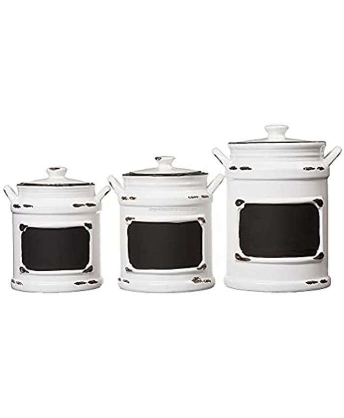American Atelier Vintage Canister Set 3-Piece Ceramic Jars Chic Design with Lids for Cookies Candy Coffee Flour Sugar Rice Pasta Cereal & More 21x8x11 White with Black Distressing