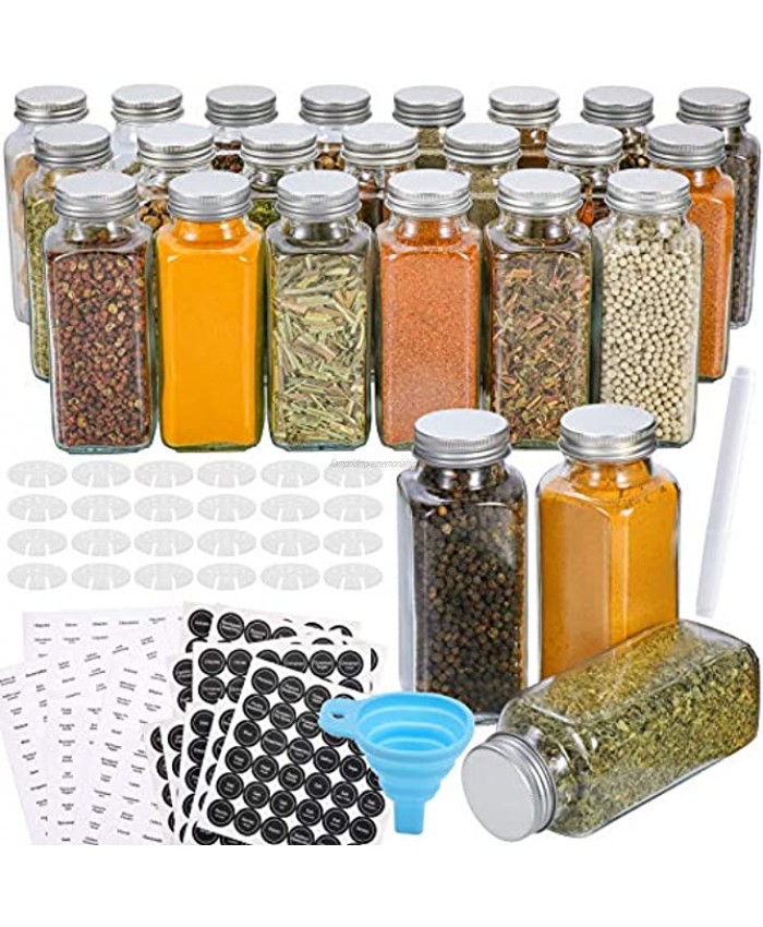 Aozita 24 Pcs Glass Spice Jars with Spice Labels 8oz Empty Square Spice Bottles Shaker Lids and Airtight Metal Caps Chalk Marker and Silicone Collapsible Funnel Included