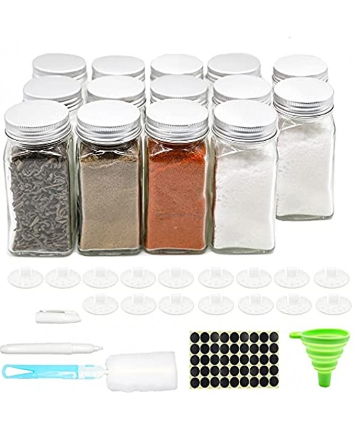 BARAY TIME 16 Pcs 4oz Glass Spice Jars with Shaker Lids and Airtight Cap Square Empty Spice Bottles with 40 Blank Spice Labels Silicone Collapsible Funnel and Chalk Marker for Spices Herbs DIY