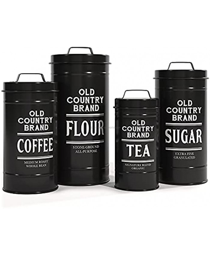 Barnyard Designs Decorative Nesting Kitchen Canister Jars with Lids Black Metal Rustic Vintage Farmhouse Container Decor for Flour Sugar Coffee Tea Storage Set of 4 Largest is 5.5” x 11.25”