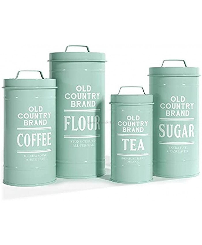 Barnyard Designs Decorative Nesting Kitchen Canister Jars with Lids Mint Metal Rustic Vintage Farmhouse Container Decor for Flour Sugar Coffee Tea Storage Set of 4 Largest is 5.5” x 11.25”