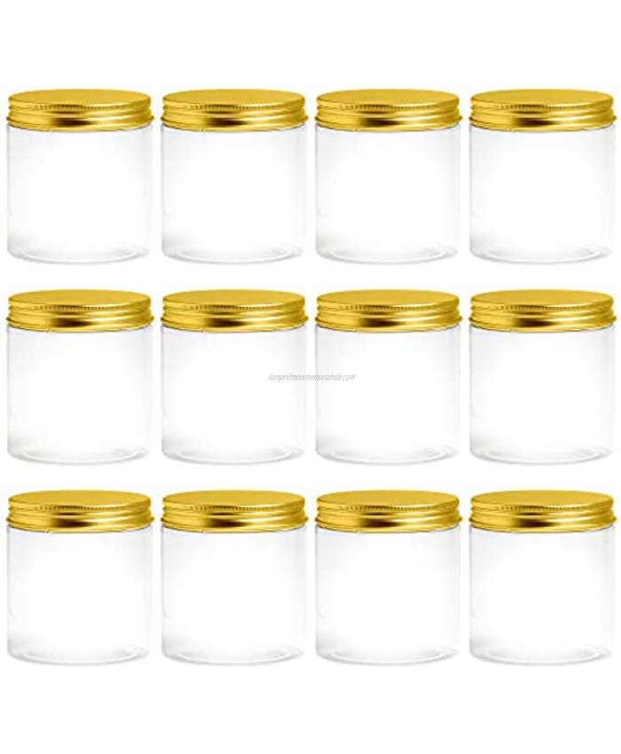 Clear Plastic 8 oz Jars With Lids Slime and Craft Containers Plastic Mason Jar for Cosmetics and Food Storage -12 Jars Gold