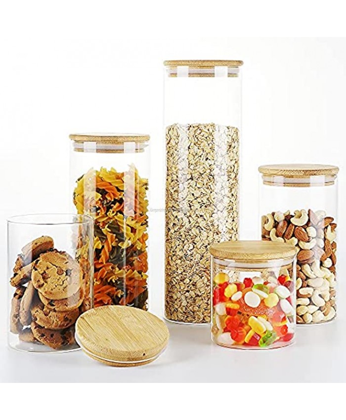 Emica Home Glass Storage Jars with Bamboo Airtight Lids Set of 5 12.2 Inch Food Canisters for Pantry Storage Canisters for Cereal Spice Sugar Beans Coffee Beans Flour etc.