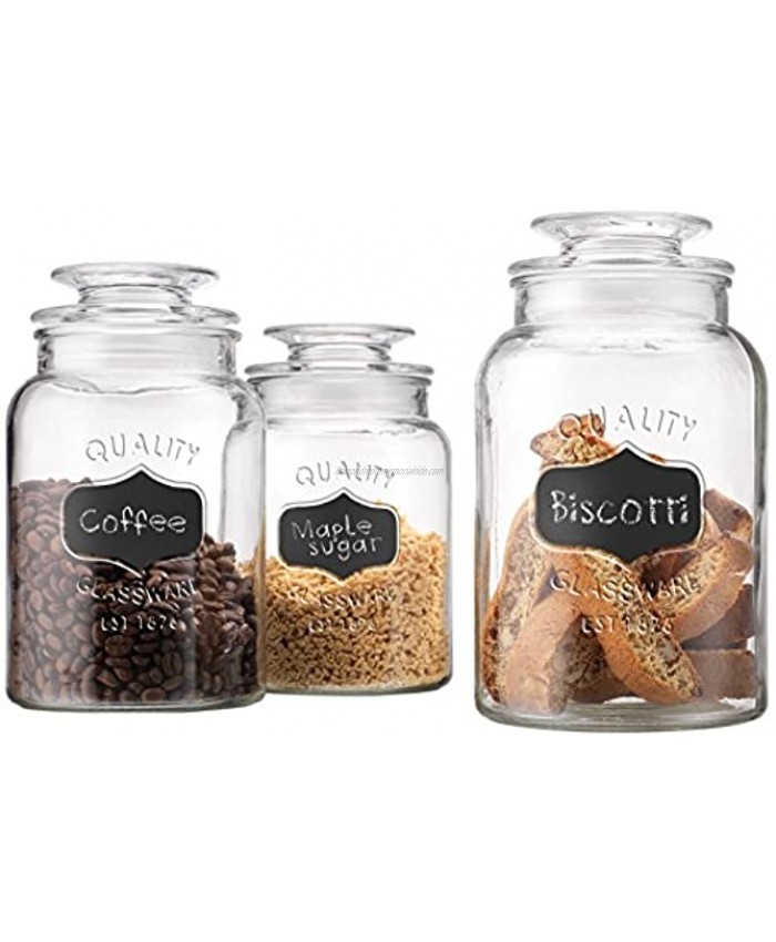 Glass Canister Set for Kitchen or Bathroom Apothecary Glass Food Storage Jars with Airtight Lid and Chalkboard Labels Set of 3 Cookie and Candy Jars Storage Containers