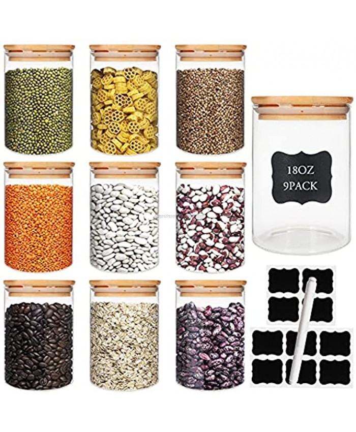 Glass Food Storage Containers Jars with Airtight Bamboo Lid 18oz 9pcs 550ml Pantry Organization Jar Glass Terrarium with Lid Spice Tea Flour and Sugar Container Canister Set for Kitchen Counter