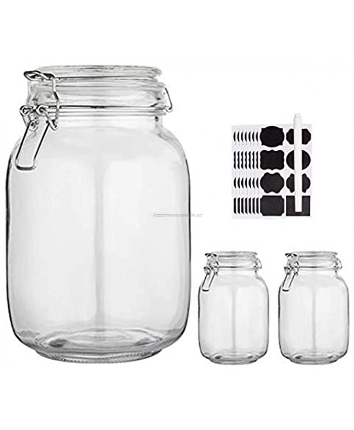 Glass Kitchen Storage Canister Mason Jars with Lids,50oz Airtight Glass Canister with Hinged Lid，Perfect for Kitchen Canning Cereal,Pasta,Sugar,Beans  Labels & Chalk Marker-Set of 3
