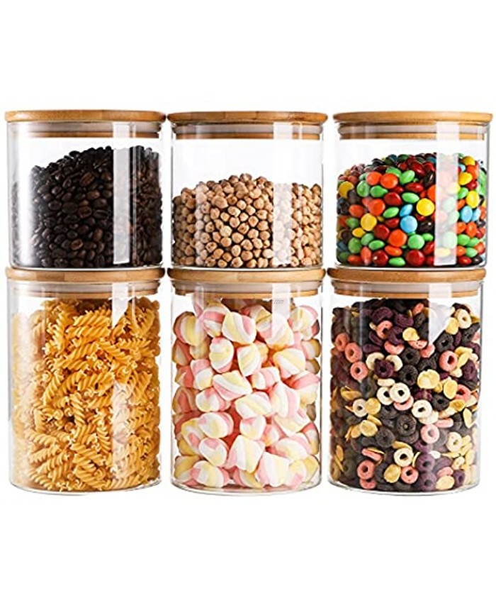 Lawei Set of 6 Glass Food Jars with Bamboo Lids 36oz 55oz Airtight Glass Canisters Glass Storage Jars for Candy Cookie Rice Beans Snacks