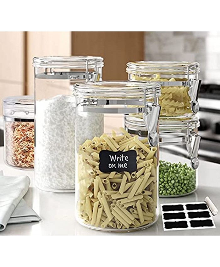 Le'raze Durable [Set of 5] Airtight Acrylic Canister Set For Kitchen Counter Food Storage Container For Pantry Tea Sugar Coffee Candy Flour Canisters with Locking Clamp Lids And Labels + Chalk Marker.