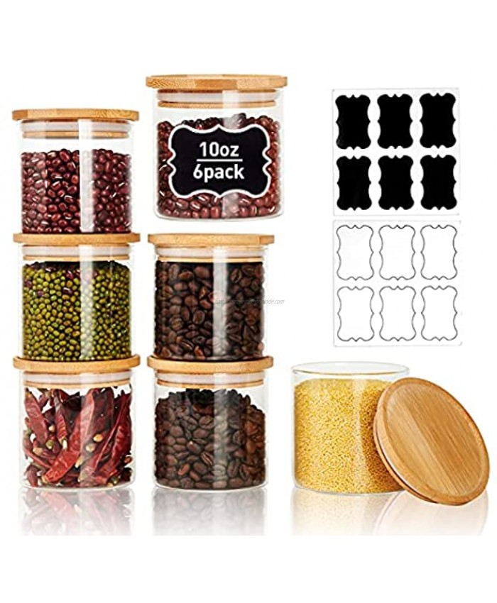LIFESENCE Glass Jars with Lids 10 oz Spice Jar Small Glass Canisters Set of 6 with Bamboo Airtight Lids and Labels Small Containers for Kitchen Sugar Salt Tea Herbs Coffee and More