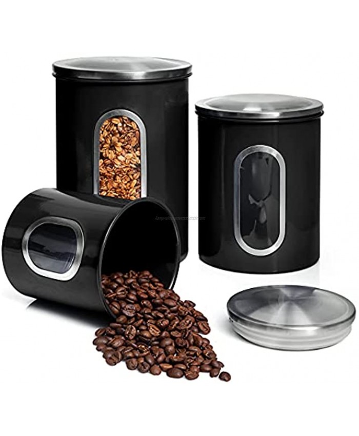 MiXPRESSO 3 Piece Black Canisters Sets For The Kitchen Kitchen Jars With See Through Window | Airtight Coffee Container Tea Organizer And Sugar Canister Kitchen Canisters Set of 3 Black