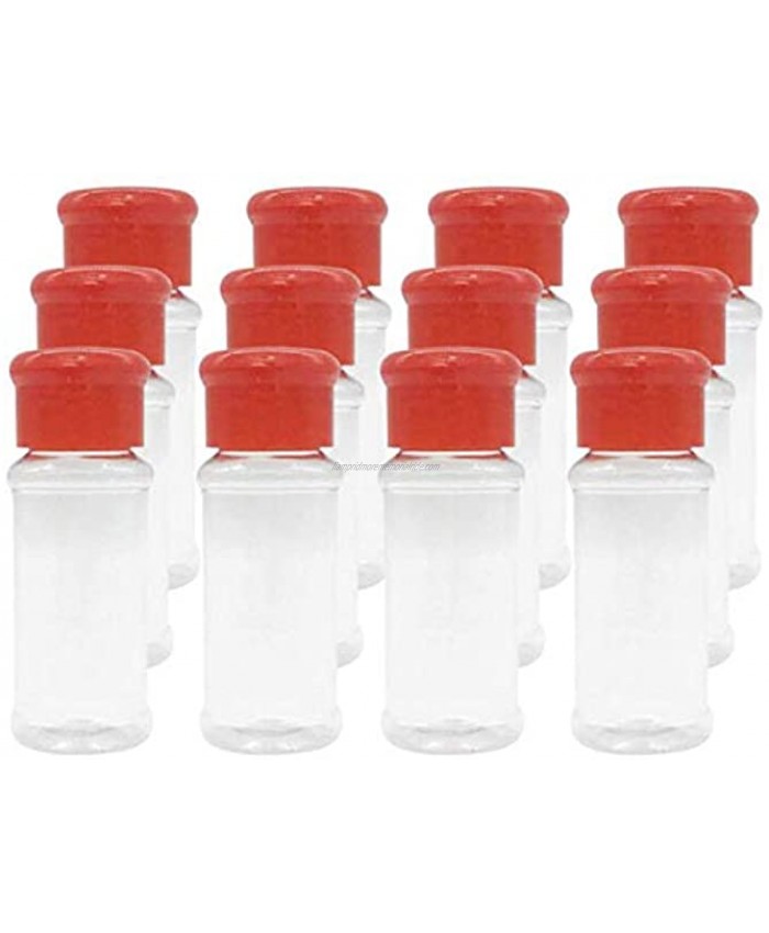 Plastic Spice Bottles with Sifter Lid Set of 12 Pcs 2 Oz. Clear Reusable Containers Jars for Home Kitchen Herbs Seasonings Confectionary Toppings Red
