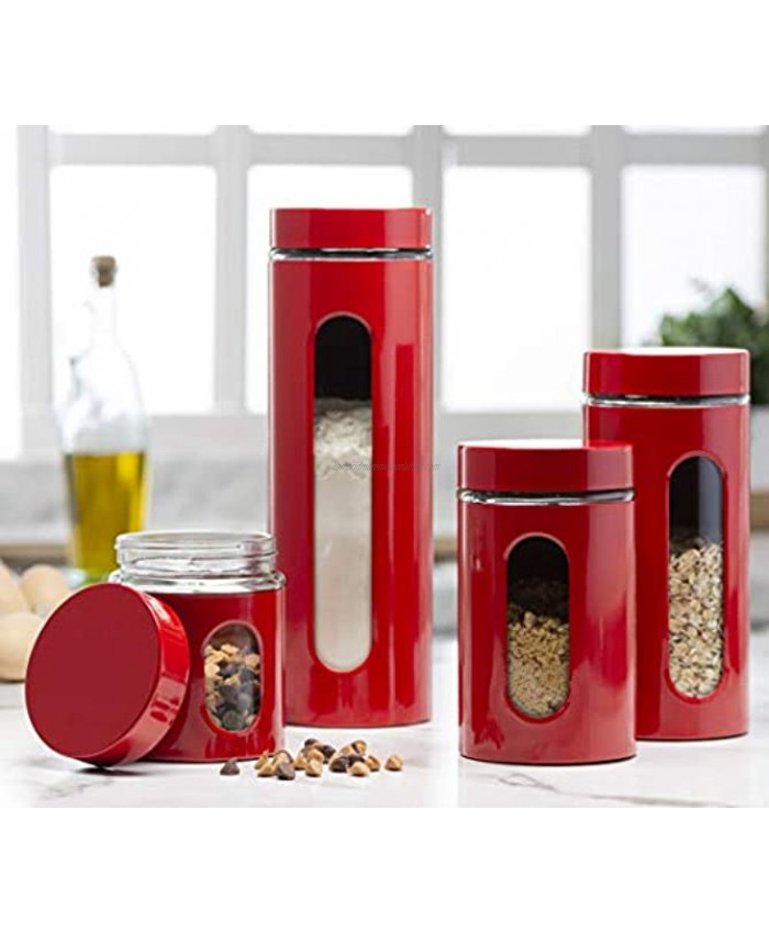 Quality Modern Red Stainless Steel Canister Set for Kitchen Counter with Glass Window & Airtight Lid Food Storage Containers with Lids Airtight Pantry Storage and Organization Set