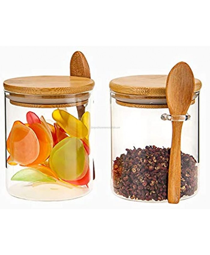 Set of 2 Clear Glass Storage Canister with Wooden Spoon 420ML 15Oz Airtight Lid Sealed Small Glass Container Jar with Scoop for Bath Salt Holder Sugar Spice Coffee Matcha Tea Condiment Pepper