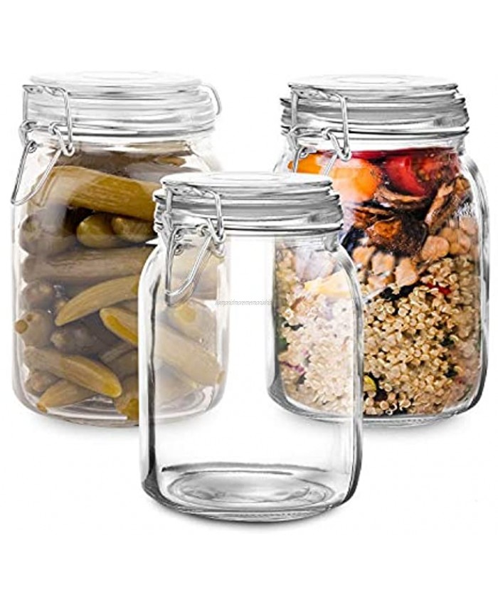 Set of 3 Glass Mason Jar with Lid 1 Liter | Airtight Glass Storage Container for Food Flour Pasta Coffee Candy Dog Treats Snacks & More | Glass Organization Canisters | 34 Ounces