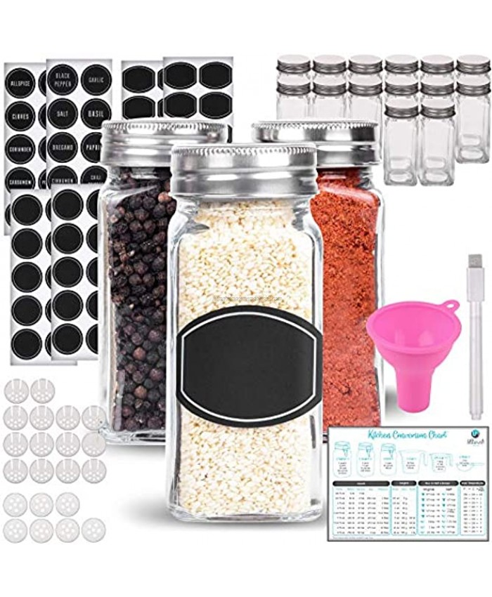 Spice Jars Spice Containers Spice Jar 14 Square Glass Spice Bottles 4 oz with 60 Chalkboard Labels Chalk Marker Stainless Steel Lid Shaker Insert Tops Funnel Complete Organizer Set