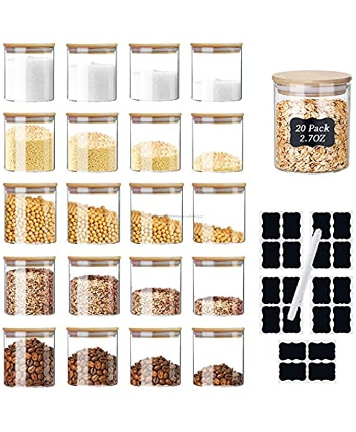 Spice Jars XSIUYU 2.7 OZ Glass Storage Jars with Bamboo Airtight Lids Labels and Pen Dishwasher Safe Food Storage Jars Kitchen Canister for Home Pantry Tea Coffee Flour Herbs Beans Salt Grains Sugar 20 Pack-2.7oz