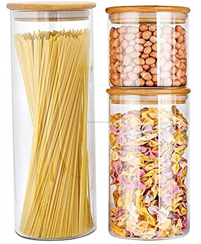 Stackable Kitchen Canisters Set Airtight Glass Canister Set of 3 Clear Glass Tall Food Storage Jars for Spaghetti Coffee Flour Sugar Candy Cookie Spice
