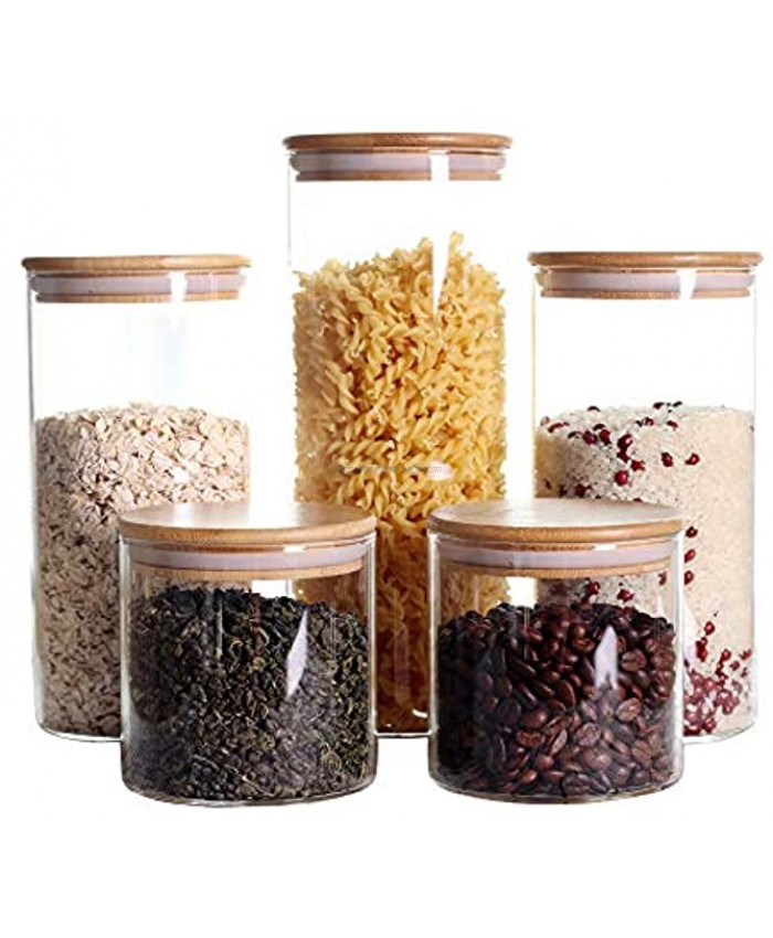Stackable Kitchen Canisters Set Pack of 5 Clear Glass Food Storage Jars Containers with Airtight Bamboo Lid for Candy Cookie Rice Sugar Flour Pasta Nuts