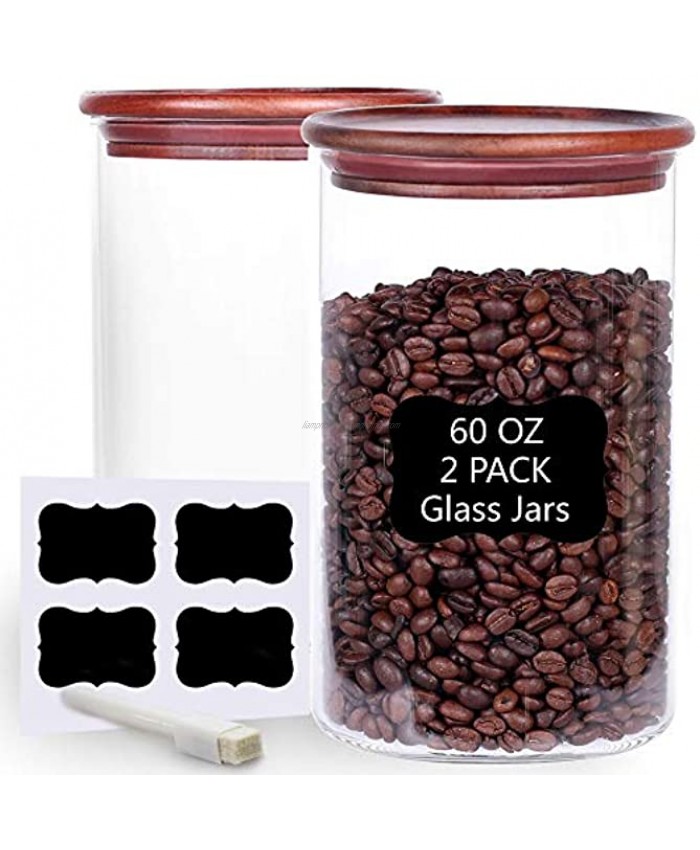 Tzerotone Glass Coffee Bean Storage Containers,2 Piece 60oz Thicken Airtight Food Canisters with Acacia Lid and Labels,Stackable Large Glass Jar for Ground Coffee Rice Cookie Tea Flour Sugar