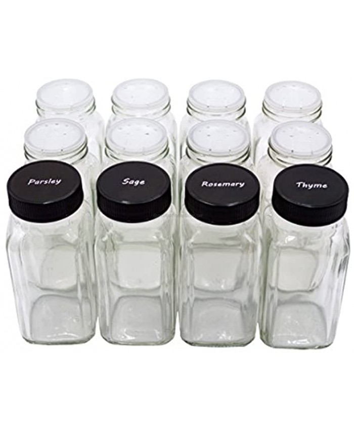 U-Pack 12 pieces of French Square Glass Spice Bottles 6 oz Spice Jars with Black Plastic Lids Shaker Tops and Labels by U-Pack