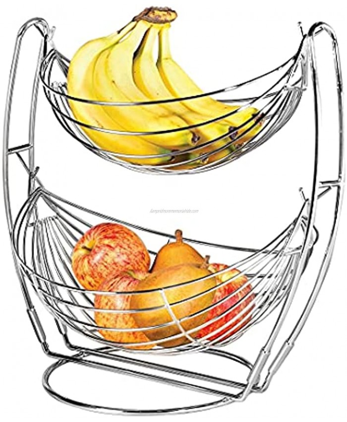 2 Tier Fruit Basket for Kitchen Countertop Two Tiered Vegetables Organizer Baskets Chromed Wire Modern Style Storage for Fresh Fruits Vegetables.