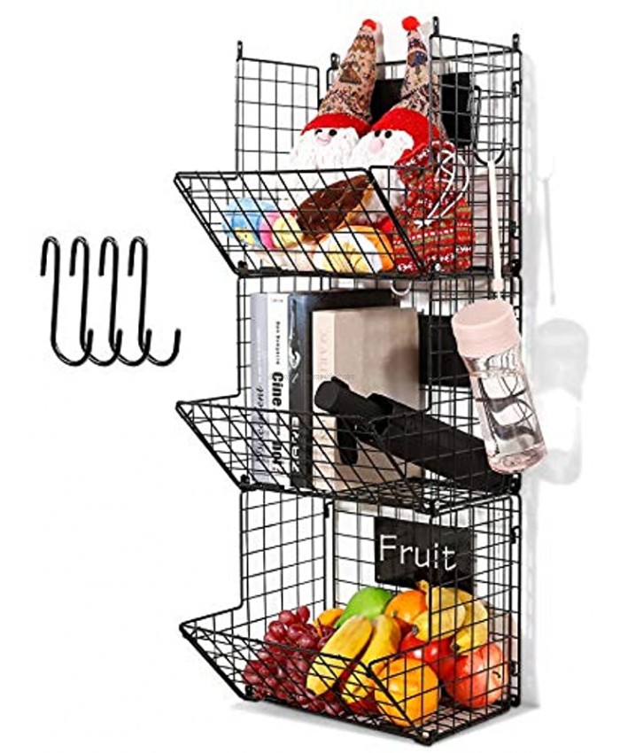 3 Tier Hanging Wire Basket Wall Mounted Storage Bins for Pantry with Removable Chalkboards Kitchen Fruit and Vegetable Storage Baskets Metal Shelves Pantry Organization Containers Rack Produce Bin