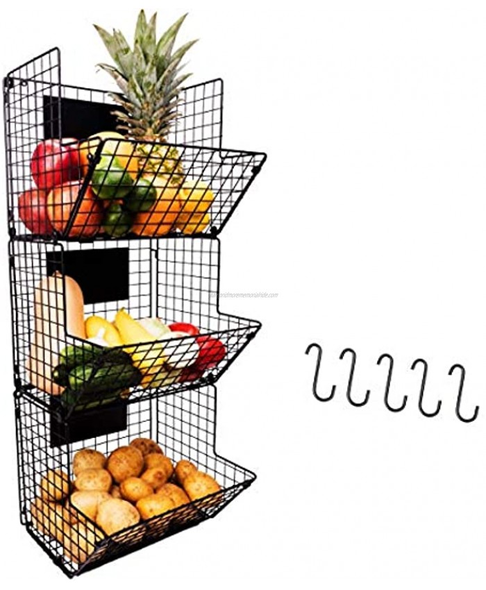 3 Tier Hanging Wire Basket Wall Mounted Storage Bins with Adjustable Chalkboards and S-Hooks Fruit and Pantry Organization Heavy Duty Iron Metal Gift Box