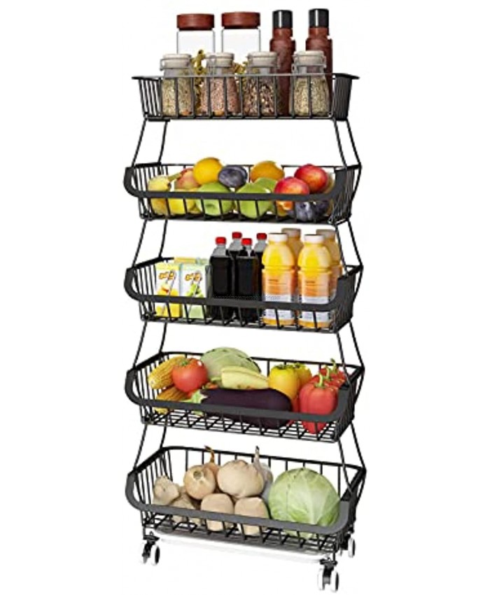 Apsan 5 Tier Fruit Basket for Kitchen Fruit and Vegetable Storage Cart Wire Storage Basket with Wheels Vegetable Basket Bins Rack for Onions and Potatoes Black