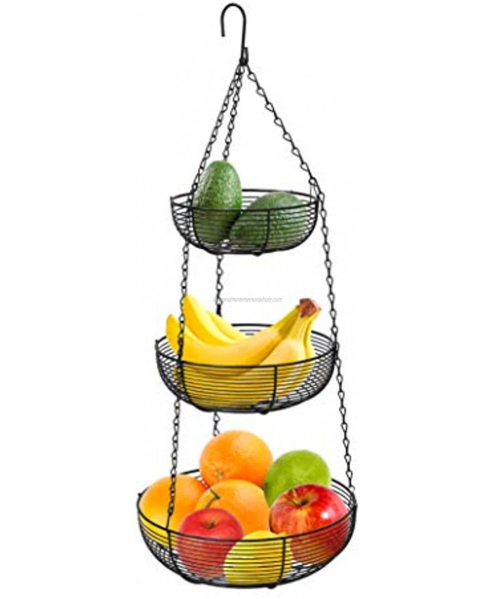 CAXXA 3-Tier Hanging Basket Fruit Organizer Kitchen Heavy Duty Wire Organizer with 2 Free Bonus Metal Ceiling Hooks Black