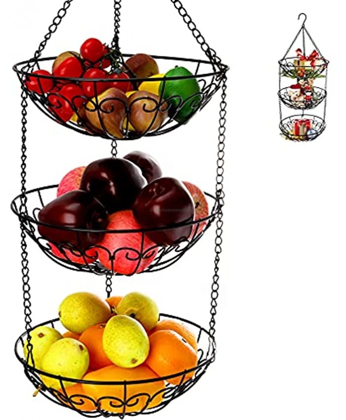 Dicunoy 3 Tier Hanging Fruit Basket Kitchen Vegetable Produce Storage Basket Chain Wire Plants Organizer Basket Rustic Country Style Saving Space with Hooks