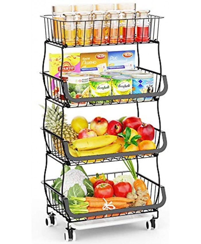 Fruit Basket GSlife 4 Tier Stackable Wire Basket Cart with Rolling Wheels for Kitchen Counter Floor Extra Large Market Basket Stand for Produce Pantry Laundry Garage Storage Dark Black