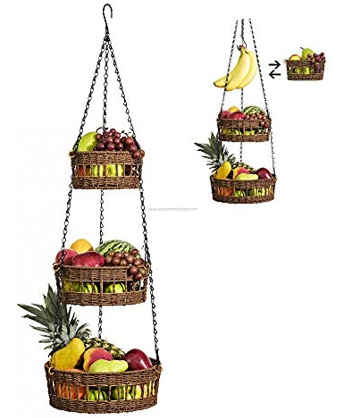 Hanging Fruit Basket 3 Tier Free Up Countertop Wicker Vegetable Storage and Fruit Organizer Saves Space Macrame Hanging Baskets for Kitchen with Banana Holder Carries 20lb Brown