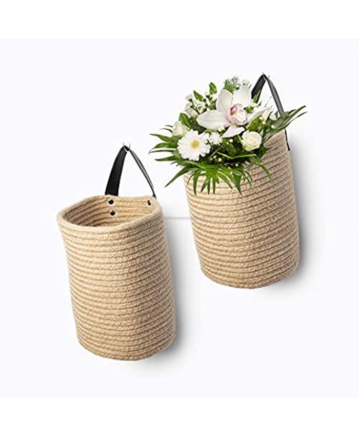 Jute Hanging Storage Basket Jute Rope Woven Storage Bins | Hanging Wall Basket with Leather Handles | Decorative Baskets Organizer for Kitchen Office Bedroom Plants Towels Toys Storage