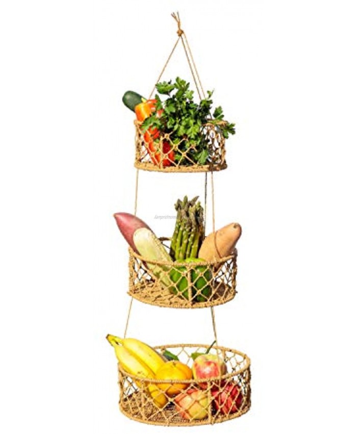 Kitchen Science Hanging Fruit Baskets for Kitchen 3-Tier Woven Wicker Seagrass Baskets | 100% Natural Robust Wood Frame & Braided Jute Rope Handwoven 3 Tier Fruit Baskets