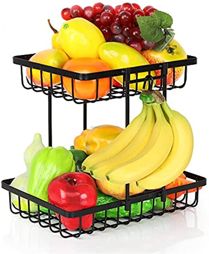 LIDYUK 2-Tier Countertop Fruit Basket Bowl Storage with Banana Hanger Vegetables Fruit Holder Stand with Screw Free for Kitchen Counter Pantry Cabinet Black